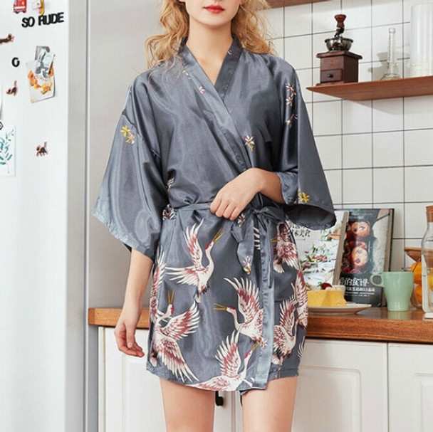 Womens Summer Print Kimono Robe Satin Lace Gown Fashion Sleepwear, Size:XL(Grey)