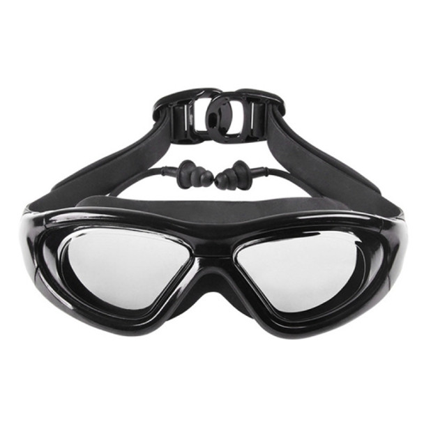 J8150 Eye Protection Flat Light Adult waterproof Anti-fog Big Frame Swimming Goggles with Earplugs(Smoky Black)