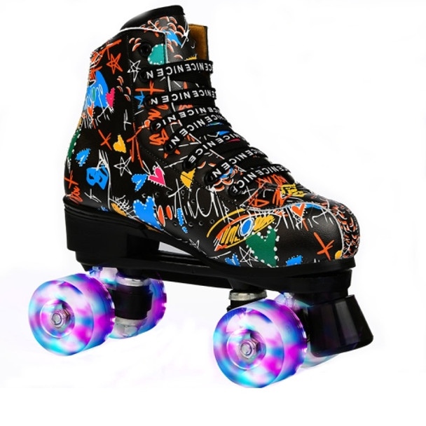 Adult Children Graffiti Roller Skates Shoes Double Row Four-Wheel Roller Skates Shoes, Size: 43(Flash Wheel Black)