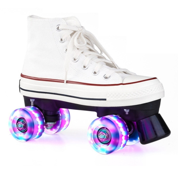 Flash Roller Skates Shoes Adult Children Four-Wheel Canvas Roller Skates Shoes Double Row Roller Skates Shoes, Size: 43(White + Special Bag)