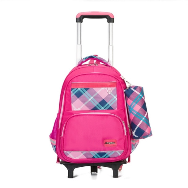 Lovely Double Shoulders School Bag Two-wheeled Rod Backpack Bag with Pen Bag(Rose Red)