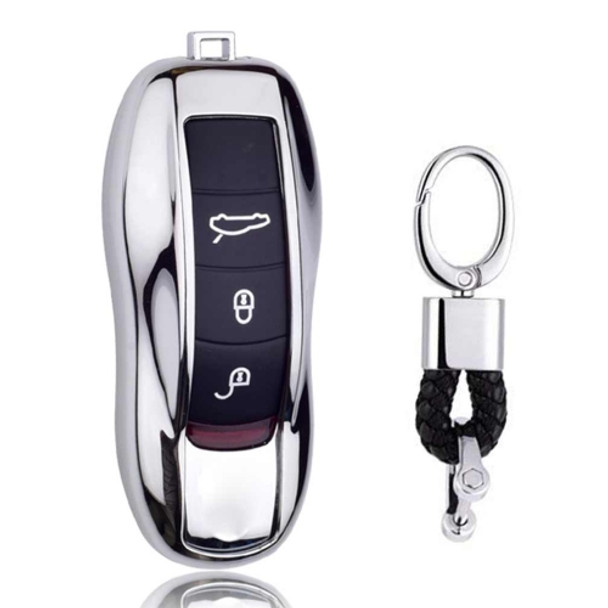 Electroplating TPU Single-shell Car Key Case with Key Ring for Porsche Cayenne / Cayman / Panamera (Silver)