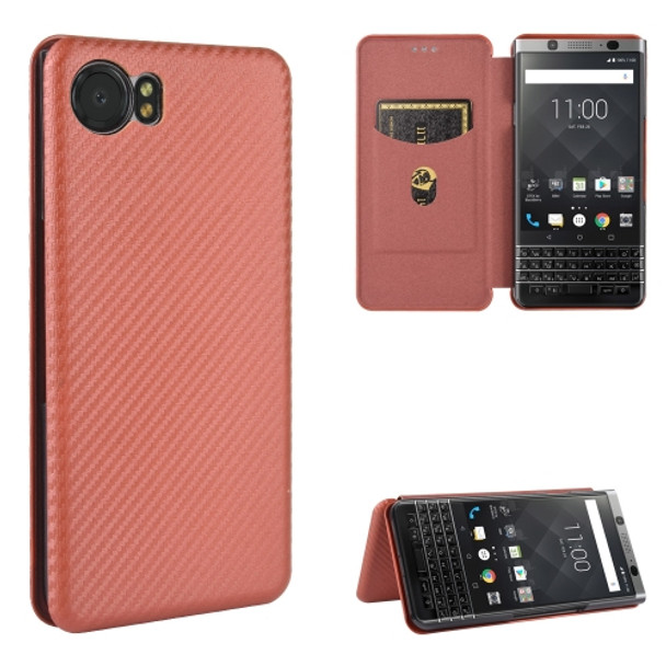 For BlackBerry Keyone Carbon Fiber Texture Magnetic Horizontal Flip TPU + PC + PU Leather Case with Card Slot(Brown)