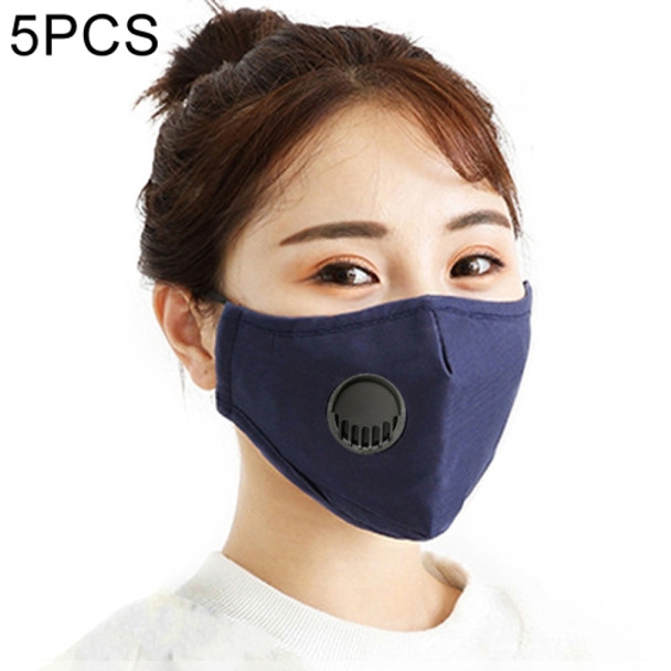 5 PCS for Men Women Washable Replaceable Filter Breath-Valve PM2.5 Dustproof Face Mask(Navy Blue)