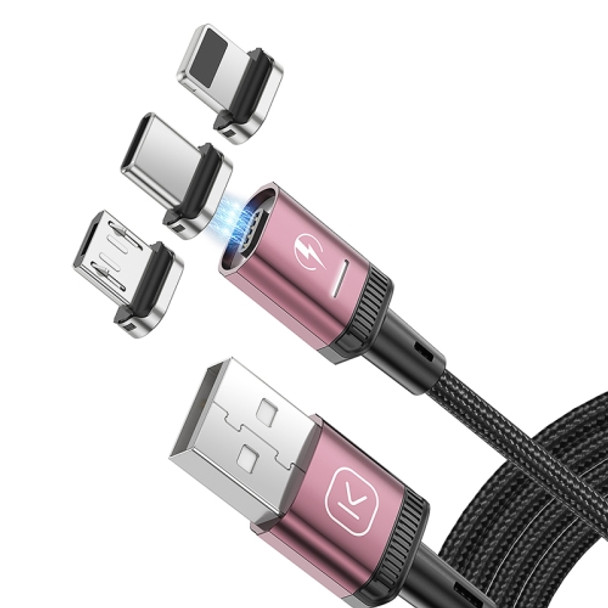 KUULAA KL-X25 1m 3A Max 3 in 1 USB to 8 Pin + USB-C / Type-C + Micro USB Flat Magnetic Metal Connector Nylon Braided Magnetic Data Cable (Red)