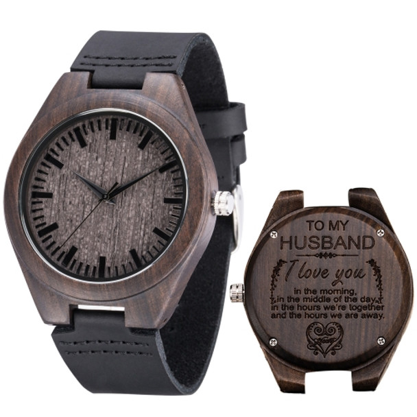 MU-1006 Engraved Letters Wooden Watch Leather Belt Quartz Movement Watch(to Husband 1)