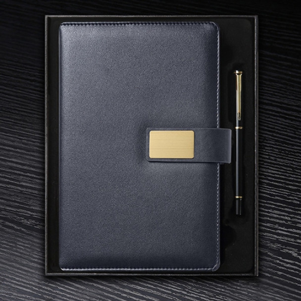 A5 Flat Buckle Double Bag Business Style PU Notebook Magnetic Buckle Notebook, Specification:Gift Box(Navy Blue)