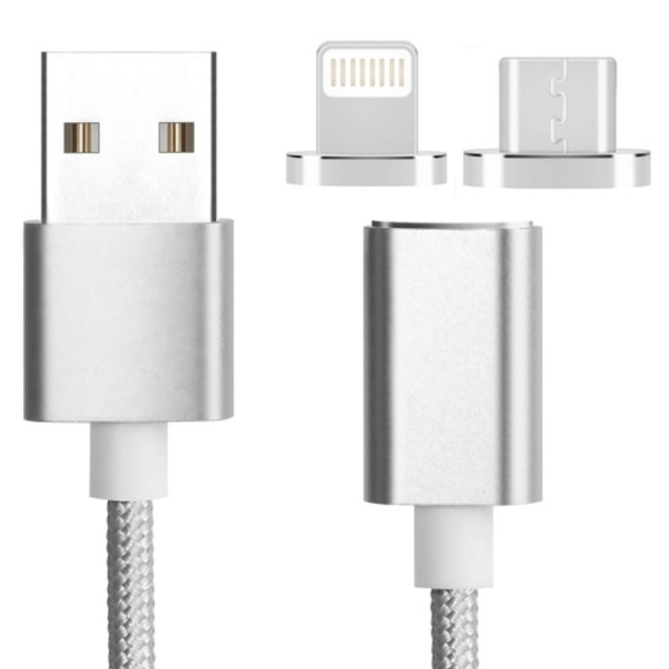 2 in 1 Weave Style 1.2m 5V 2A Micro USB & 8 Pin to USB 2.0 Magnetic Data / Charger Cable, For iPhone, iPad, Samsung, HTC, LG, Sony, Huawei, Lenovo and other Smartphones(Silver)