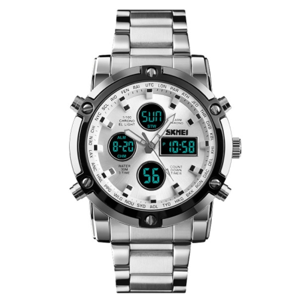 SKMEI 1389 Multifunctional Men Business Digital Watch 30m Waterproof Large Dial Wrist Watch with Stainless Steel Watchband (Silver)