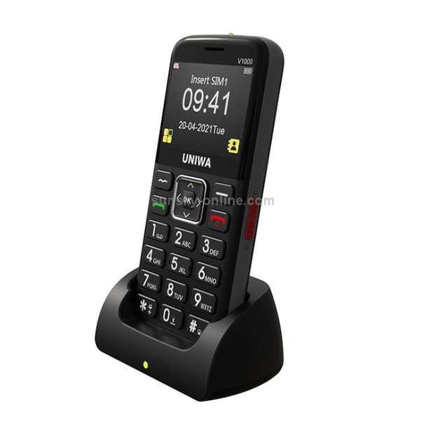 UNIWA V1000 4G Elder Mobile Phone, 2.31 inch, UNISOC TIGER T117, 1800mAh Battery, 21 Keys, Support BT, FM, MP3, MP4, SOS, Torch, Network: 4G, with Docking Base (Black)