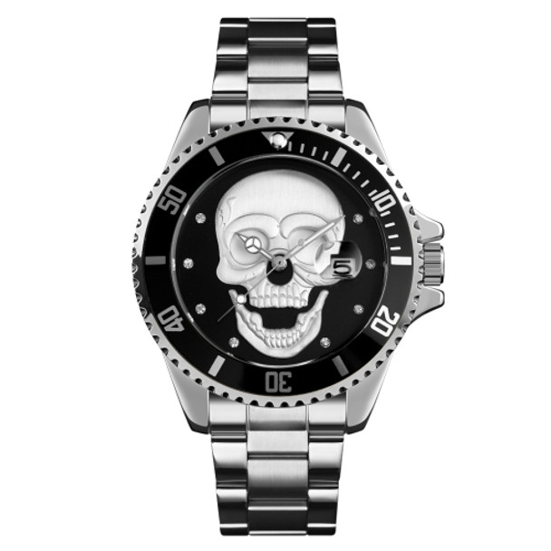 SKMEI 9195 Fashion Water-inlaid Drill Skull Nightlight Waterproof Quartz Watch Steel Strip Watch for Men(Silver Black)