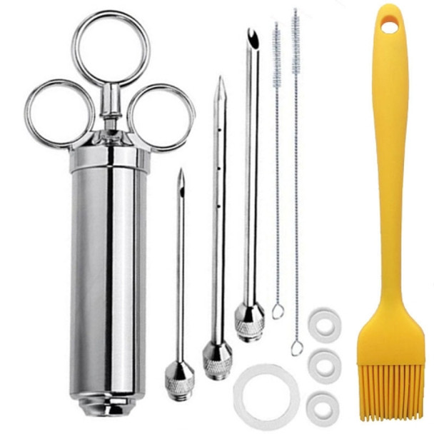 Stainless Steel Seasoning Steak Syringe Turkey Needle Set With Cleaning Silicone Brush(Yellow )