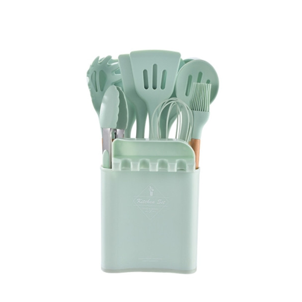 KU349 13 In 1 Storage Barreled Wooden Handle Silicone Kitchenware Set Non-Stick Cooking Spoon Shovel Kitchen Rack(Light Green)