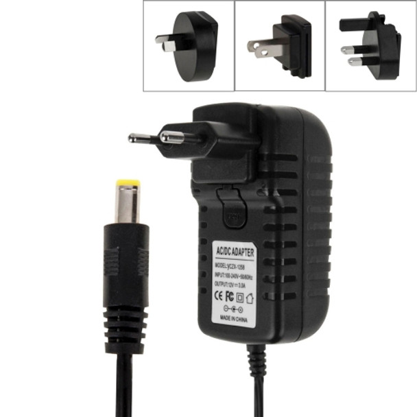 4 in 1 EU Plug + US Plug + UK Plug + AU Plug AC 100-240V to DC 12V 3A Power Adapter, Tips: 5.5 x 2.1mm, Cable Length: about 1.2m(Black)