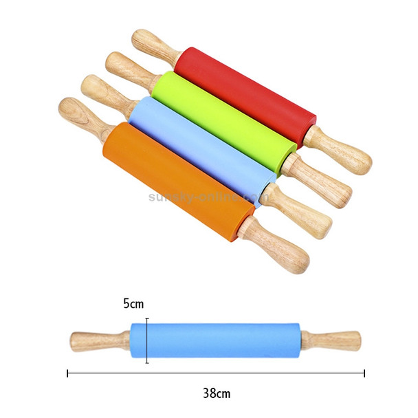kn055 Solid Wooden Handle Silicone Rolling Pin Non-stick Food Dumpling Stick, Length: 38cm, Random Color Delivery