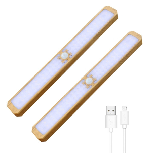 LED Intelligent Human Body Sensor Light USB Free Wiring Long Cabinet Wardrobe Light, Light color: Yellow Wood 2 x Lamp