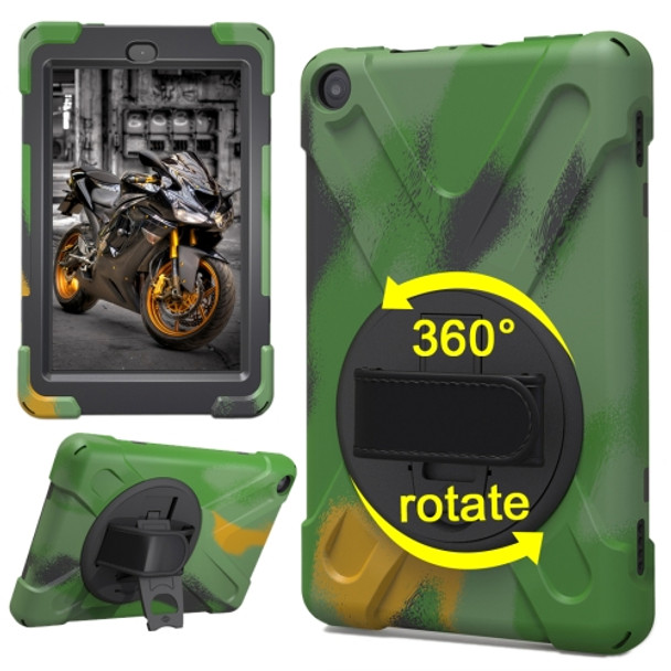 For Amazon Fire HD 8 inch (2017) 360 Degree Rotation PC + Silicone Protective Case with Holder & Hand-strap (Camouflage Green)