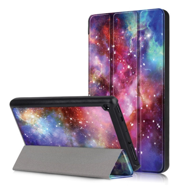 Galaxy Pattern Colored Drawing Horizontal Flip Leather Case for Amazon New Fire 7 2019, with Three-folding Holder