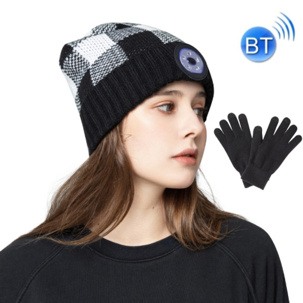 M3-BL Bluetooth Music Headset Cap Double Ear Stereo LED Lighting Warning Knit Hat(Black White with Glove)