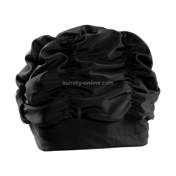 Women Earmuffs Pleated Cloth Swimming Cap(Black)