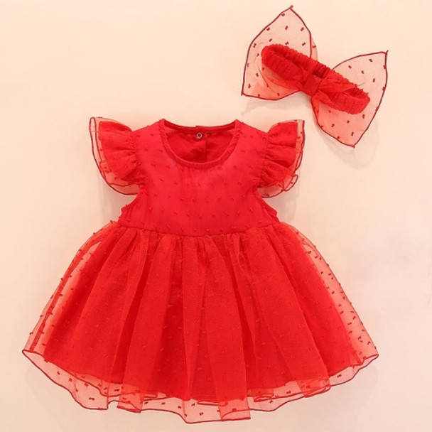 Girls Short-sleeved Mesh Dress With Bow (Color:Red Size:80)