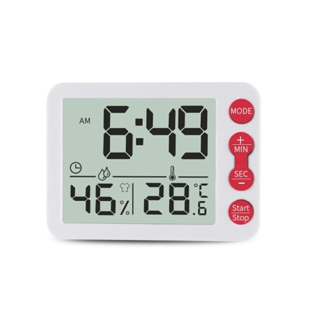 Multifunctional Indoor Thermometer And Hygrometer Large Screen Alarm Clock Kitchen Electronic Countdown Timer(White Shell Red Button)