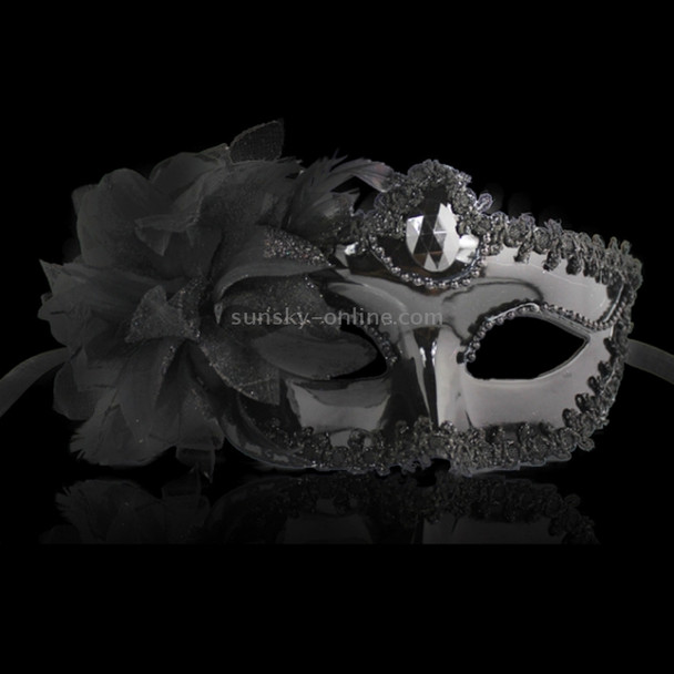 Halloween Masquerade Party Dance Plating Side Flower Feather Venice Princess Mask(Black)