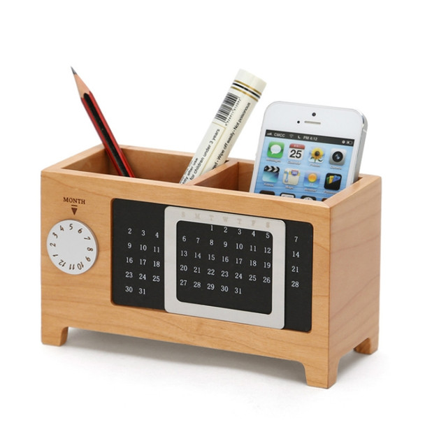 Wooden Perpetual Calendar Pen Box Creative Multifunctional Office Desktop Storage Supplies Pen Holder