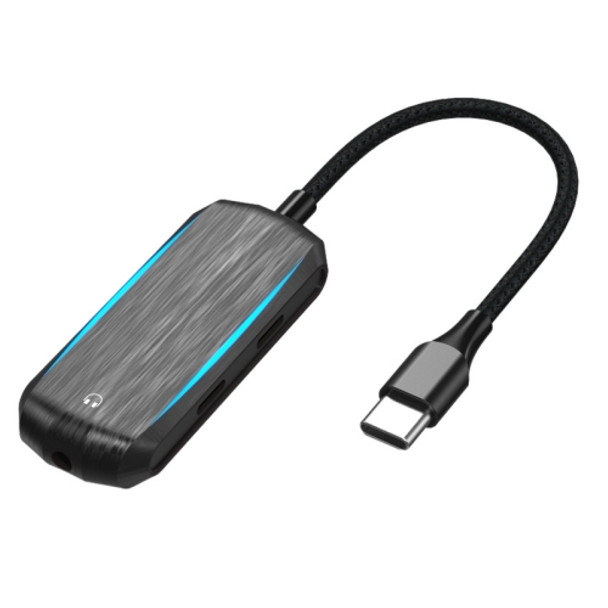 BY203 3 In 1 USB-C / Type-C Male To 3.5mm +  PD 60W Female Charging & Digital Audio Adapter with RGB Light(Black)