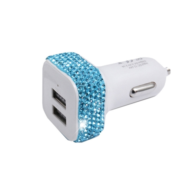 Diamond-Studded Dual USB Cigarette Lighter Car Charger(Lake Blue)