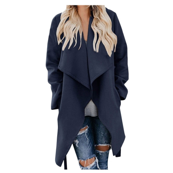 Women Woolen Coat Mid-length Windbreaker (Color:Navy Blue Size:M)