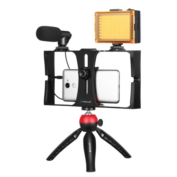 PULUZ 4 in 1 Vlogging Live Broadcast LED Selfie Light Smartphone Video Rig Kits with Microphone + Tripod Mount + Cold Shoe Tripod Head for iPhone, Galaxy, Huawei, Xiaomi, HTC, LG, Google, and Other Smartphones(Red)