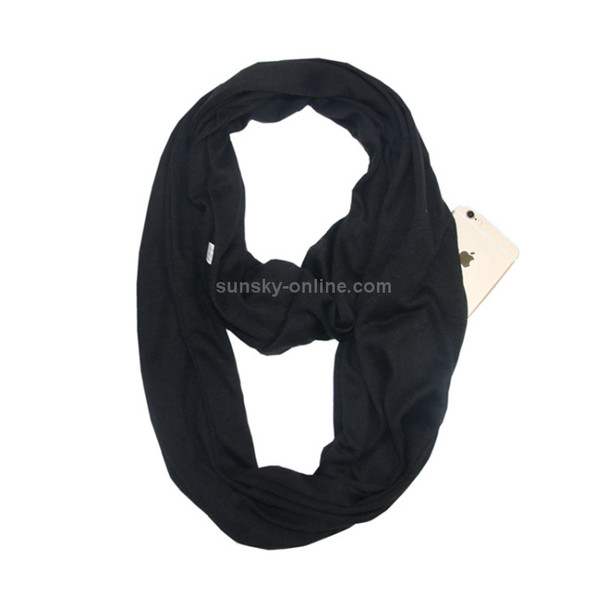 Women Solid Winter Infinity Scarf Pocket Loop Zipper Pocket Scarves (Black)