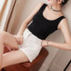 Summer Cotton Short Low Round Collar Slim Sleeveless Crop Top Bottoming Camisole for Ladies (Color:Black Size:L)