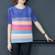 Rainbow Striped Pleated Short Sleeve Top (Color:Blue Size:One Size)