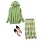 Knitted Colorblock Sweater Cardigan and Skirt Two-piece Suits(Color:Green Size:One Size)