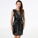 Women Tassel Sequined Round Neck Sleeveless Dress (Color:Black Silver Size:One Size)