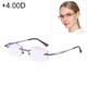 Women Rimless Rhinestone Trimmed Purple Presbyopic Glasses, +4.00D