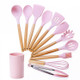 kn082 11 in 1 Wooden Handle Silicone Kitchen Tool Set with Storage Bucket(Pink)