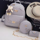 3 in 1 Flower PU Leather Double Shoulders School Bag Travel Backpack Bag with Bear Pendant (Grey)