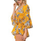Deep V-neck Flared Sleeve Print Jumpsuit (Color:Yellow Size:M)