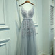 Sexy V-neck Evening Dress Robe Tulle Applique Evening Dresses, Size:L (Silver Gray)