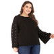 Plus Size Women Pearl Solid Color Round Neck Long Sleeve Blouse (Color:Black Size:XXXXL)