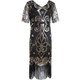 Women Tassel Sequin Beaded Dress (Color:Black Gold Size:XXL)