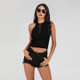 Women Zipper V Neck Short Sling Knitted Vest (Color:Black Size:L)