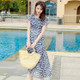 One-line Slim Slimming Printed Long Bohemian Dress Seaside Vacation Beach Skirt (Color:White+Royal Blue Size:S)