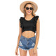 Women Ruffle Edge Slim Knitted Short Vest (Color:Black Size:M)