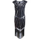 Women Tassel Sequined Round Neck Short Sleeve Gown (Black Silver_XL)