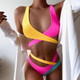 Cross Color Block Bikini Split Strap Swimsuit (Color:Red+Yellow Size:S)