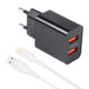 LZ-705 2 in 1 5V Dual USB Travel Charger + 1.2m USB to 8 Pin Data Cable Set, EU Plug(Black)